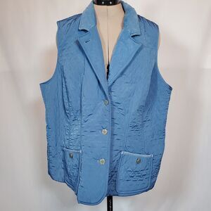 Talbots Women’s Quilted Vest XL Blue Fleece Lined Corduroy Trim Full Button Down